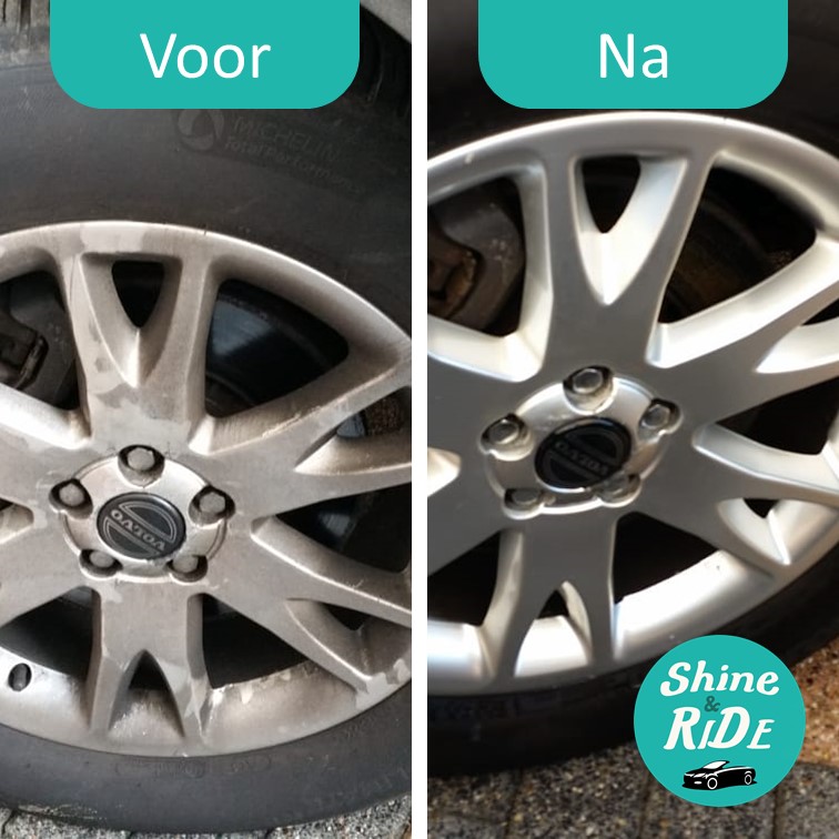 Lichtmetalen velg voor en na: links met stoeprandschade en vuil, rechts schoon