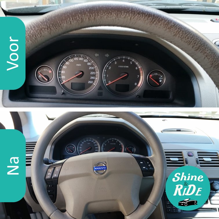 Dashboard en stuur voor en na: links slijtage op het stuur, rechts een schoon interieur